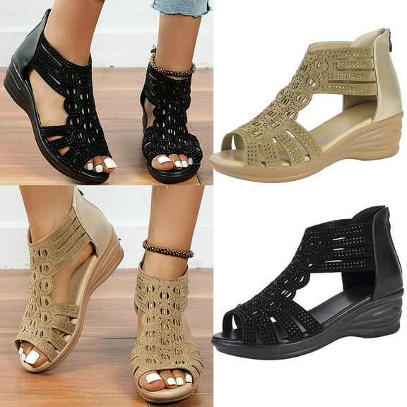 Jacenvly 2024 New Summer Ladies Shoes Casual Flat Fish Mouth Hollowed Out Wedge Heels Zipper Women's Sandals Black Sandals for Women