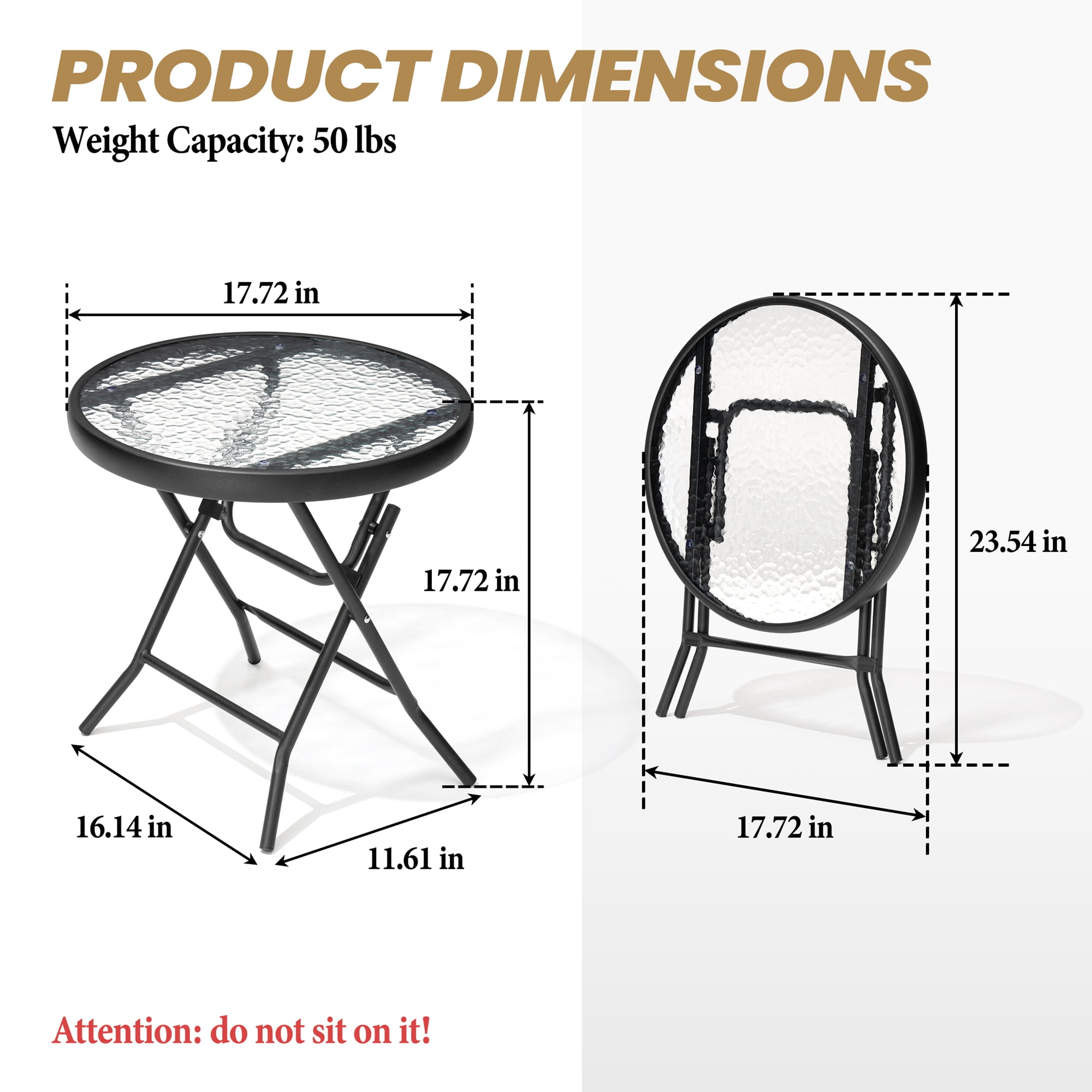 Pellebant Foldable Patio Side Table with Tempered Glass Top 18" Small Glass Patio End Tables for Porch Yard Balcony Deck Lawn Dining Garden (Black)