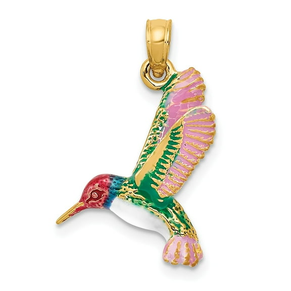 Real 14kt Yellow Gold Enameled 3D Hummingbird Pendant; for Adults and Teens; for Women and Men