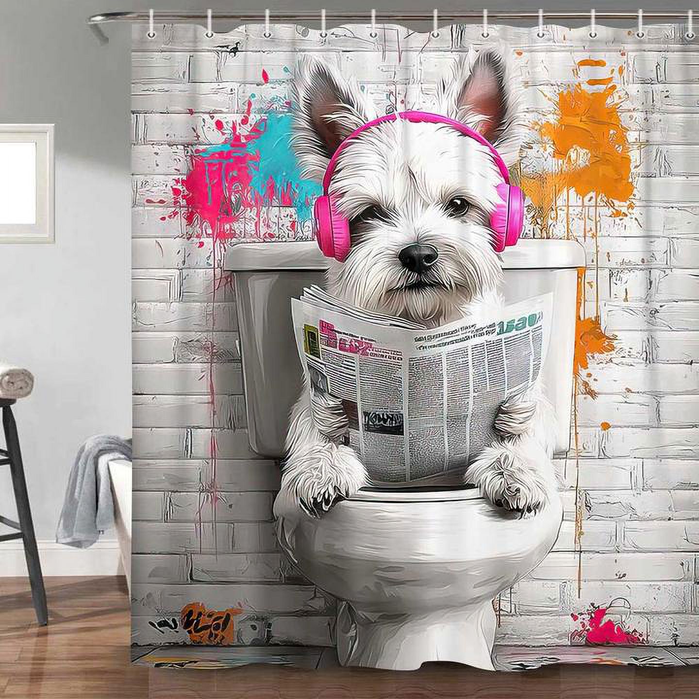 Funny Dog Cool Shower Curtains, Fun Pet Hilarious Graffiti Animal on Toilet Shower Curtain for Bathroom, Farmhouse Rustic Mens Shower Curtain with Hooks, 60X70IN