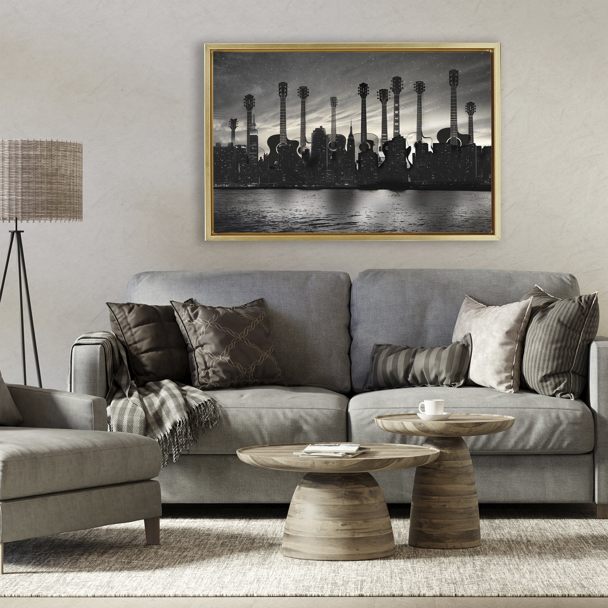 Stupell Industries Guitar Skyline Cityscape Gold Framed Floater Canvas Wall Art, design by CAD Designs
