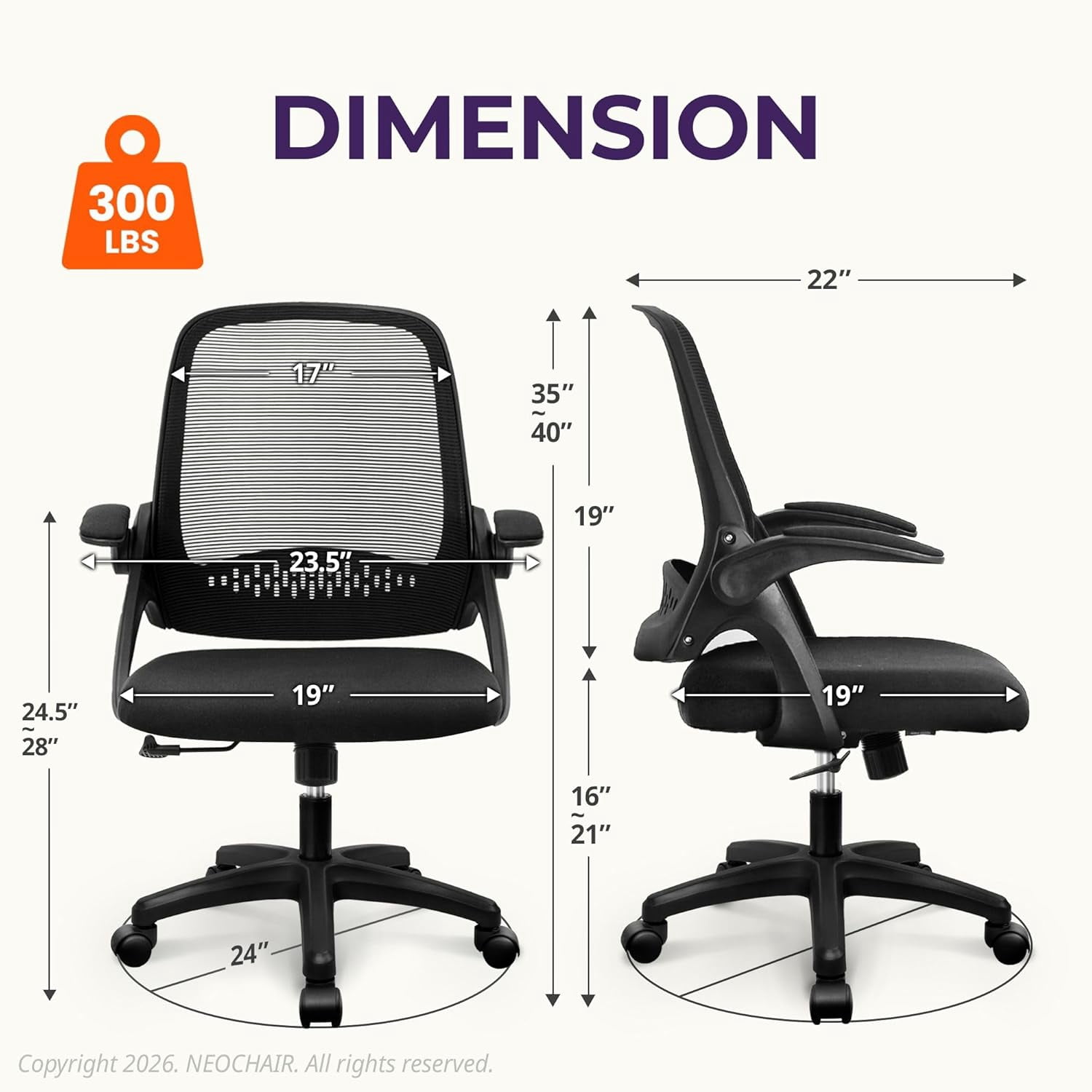 NEO CHAIR Office Desk Chair Computer Gaming Ergonomic Lumbar Back Support with Flip-up Padded Armrest Adjustable Height and Wheels for Home Vanity Bedroom Study (All Black)