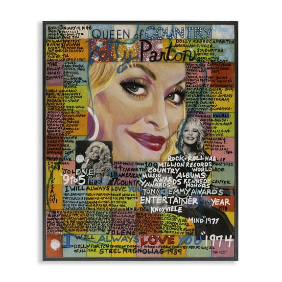Stupell Industries Dolly Parton Collage People Drawing Black Framed Art Print Wall Art, 11 x 14