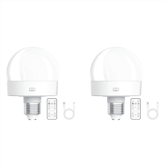 2X Rechargeable Battery Operated Light Bulbs, 300LM E26 Screw in Light Bulb for Lamps with Remote Control Dimmable&