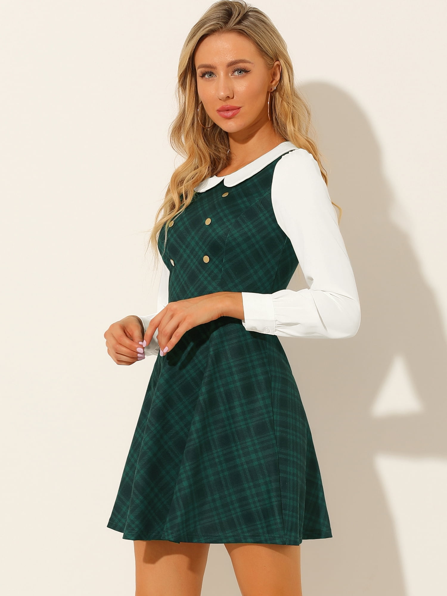 DARING DIVA Women's Plaid Peter Pan Collar Mini A-Line Dress XS Green