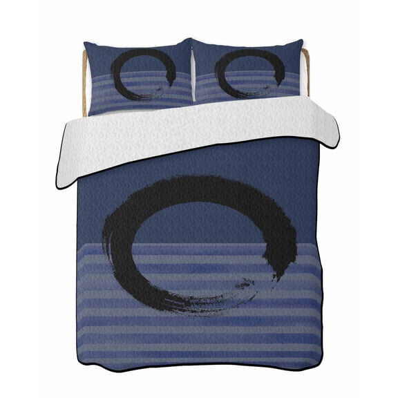 Quilts Twin Size Bedding Set, Navy Blue Striped Lightweight Quilted Comforter, Black Geometric Vintage Stripes Ombre Soft Reversible Bedspread Coverlet with Pillow Covers for All Season, 68" x 86"