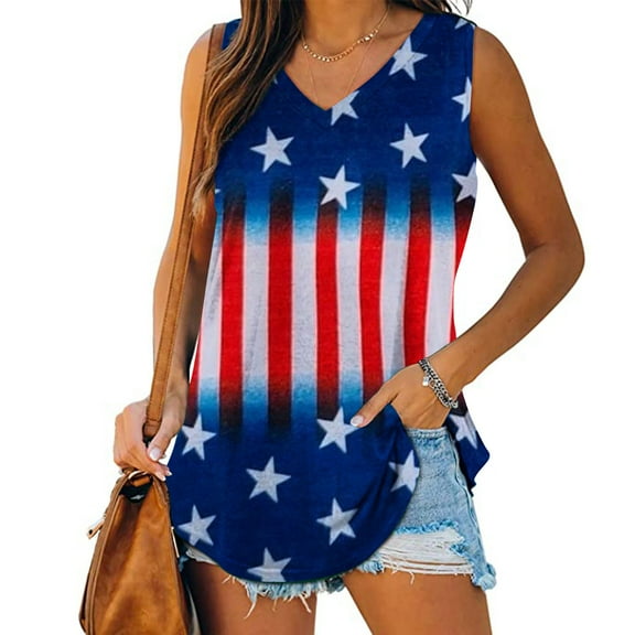 Dianli Star Stripes Patriotic Going out Tops for Women Tunic V Neck Bohemian Loose Fit Sleeveless Casual Tank Tops Oversized Plus Size T Shirts for Women Up to 60% Off Blue S