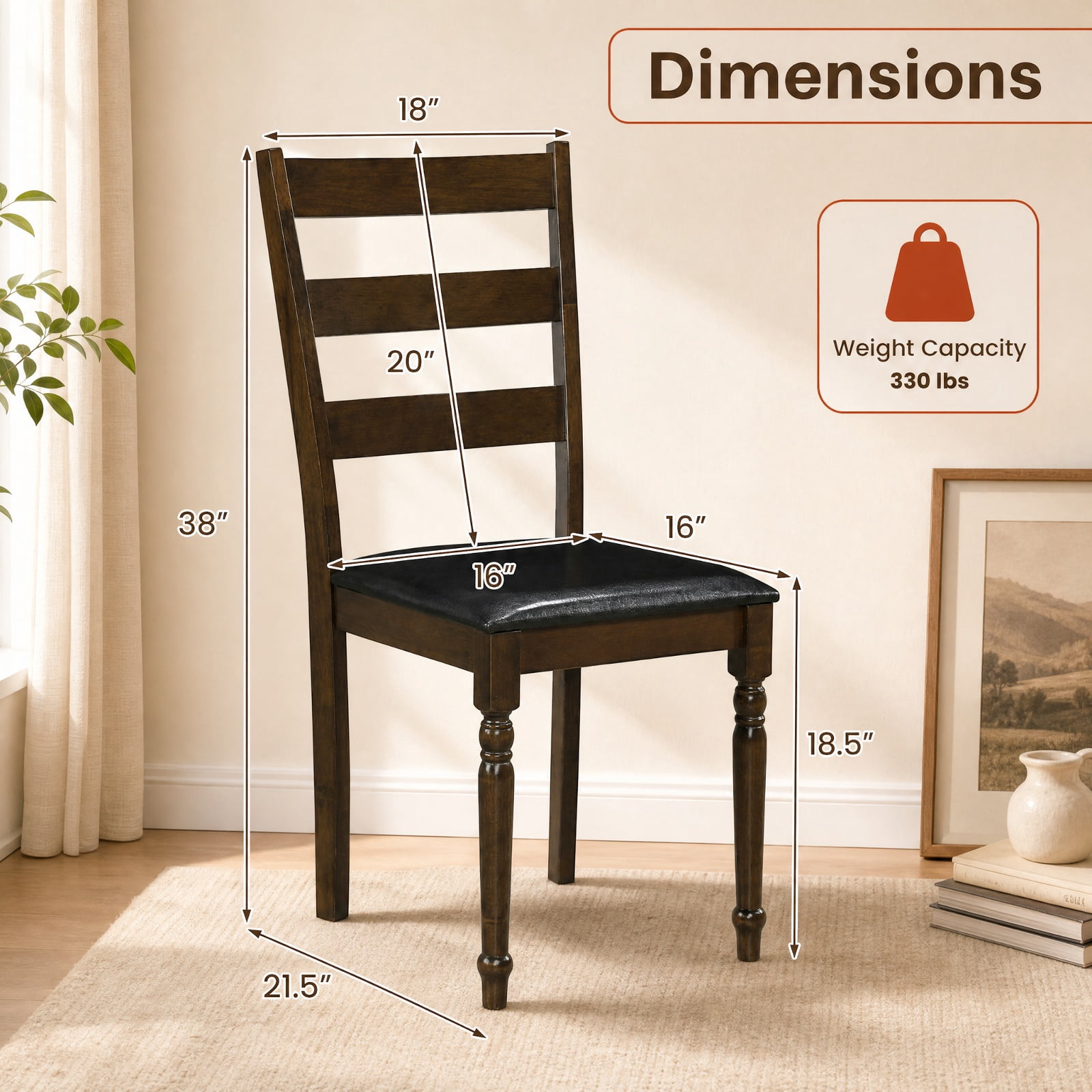 Furnibear Farmhouse Dining Chairs Set of 2 PU Leather Upholstered Ladder Back Kitchen Chairs with Spiral Legs for Dining Room, Brown