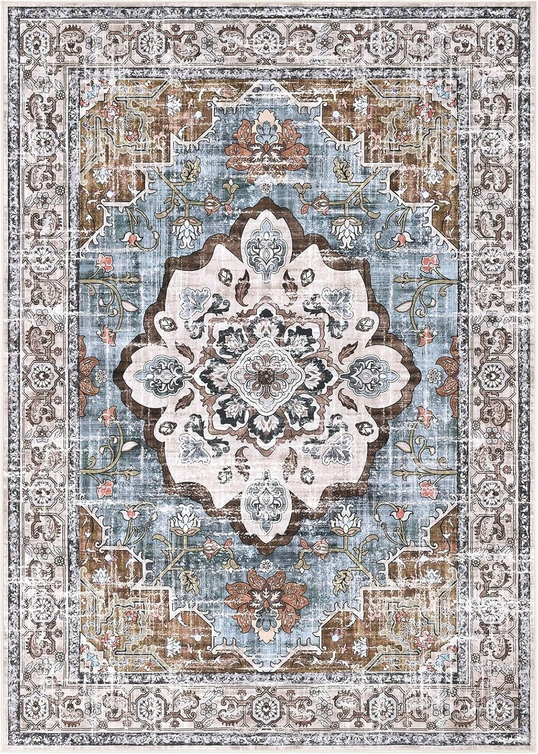 MJIAexp 8'x10' Vintage Boho Area Rug Washable Area Rug for Living Room Non-Slip Distressed Accent Rug Faux Wool Bedroom Rug Floor Carpet for Dining Room Bedroom Kitchen Entryway Office Dark Blue
