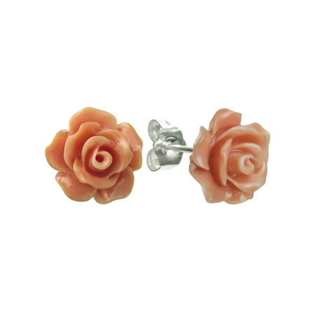 Coral Stud - Sterling Silver Simulated Pink Orange Coral Rose Earrings Stud Post 10mm