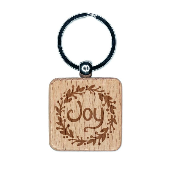 Joy in Wreath Christmas Square Keychain Charm Tag - Engraved Wood