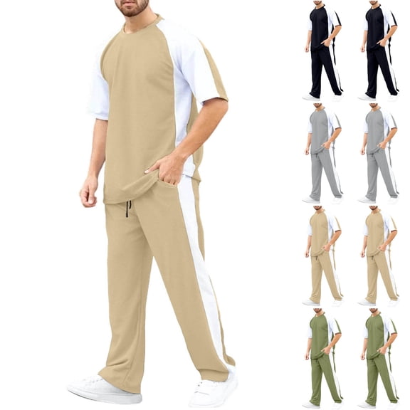 Afuyipoi Men Waffle Knit 2 Piece Sets, Round Neck Color Blocked Short Sleeve Tee and Straight Leg Pant Set Khaki L
