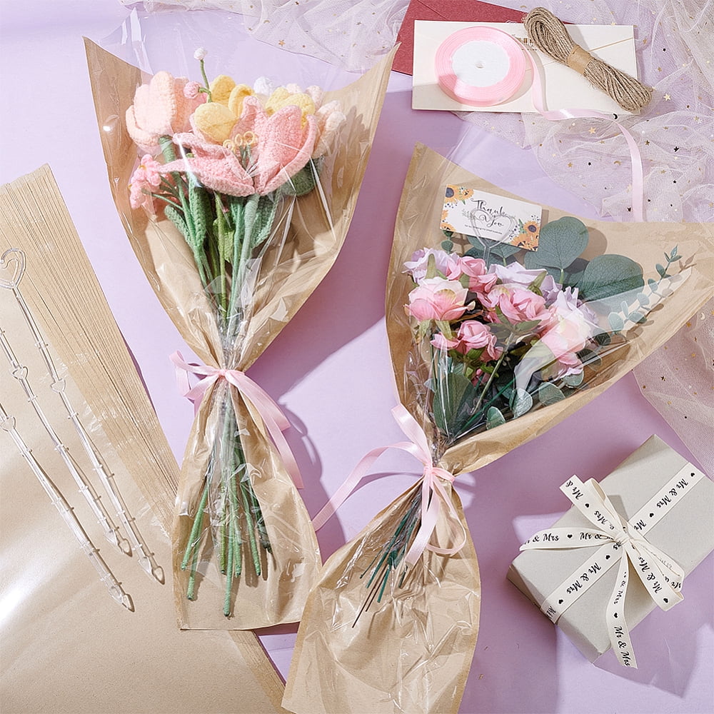 OPP Plastic Paper Single Flower Gift Bags Sets include Heart Shaped Resin Floral Pick Card Holder Jute Cord Polyester Ribbon Mixed Color