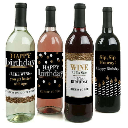 Adult Happy Birthday - Gold - Party Decorations for Women and Men - Wine Bottle Label Stickers - Set of 4