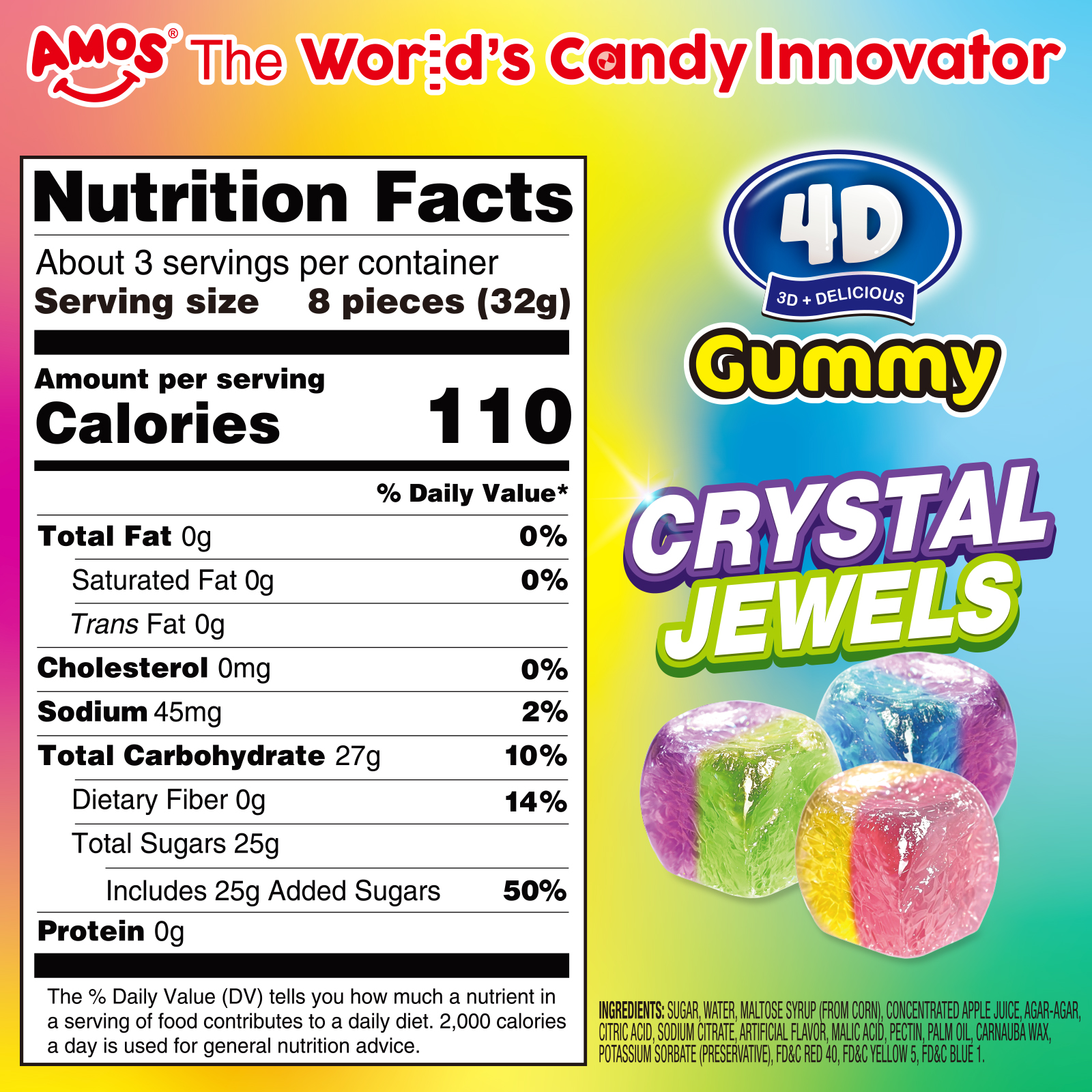 Amos 4D Gummy Candy, Assorted Flavor Candy Crystal Gummy 4 in 1, Fat-Free 3.53 oz(1 Pack)