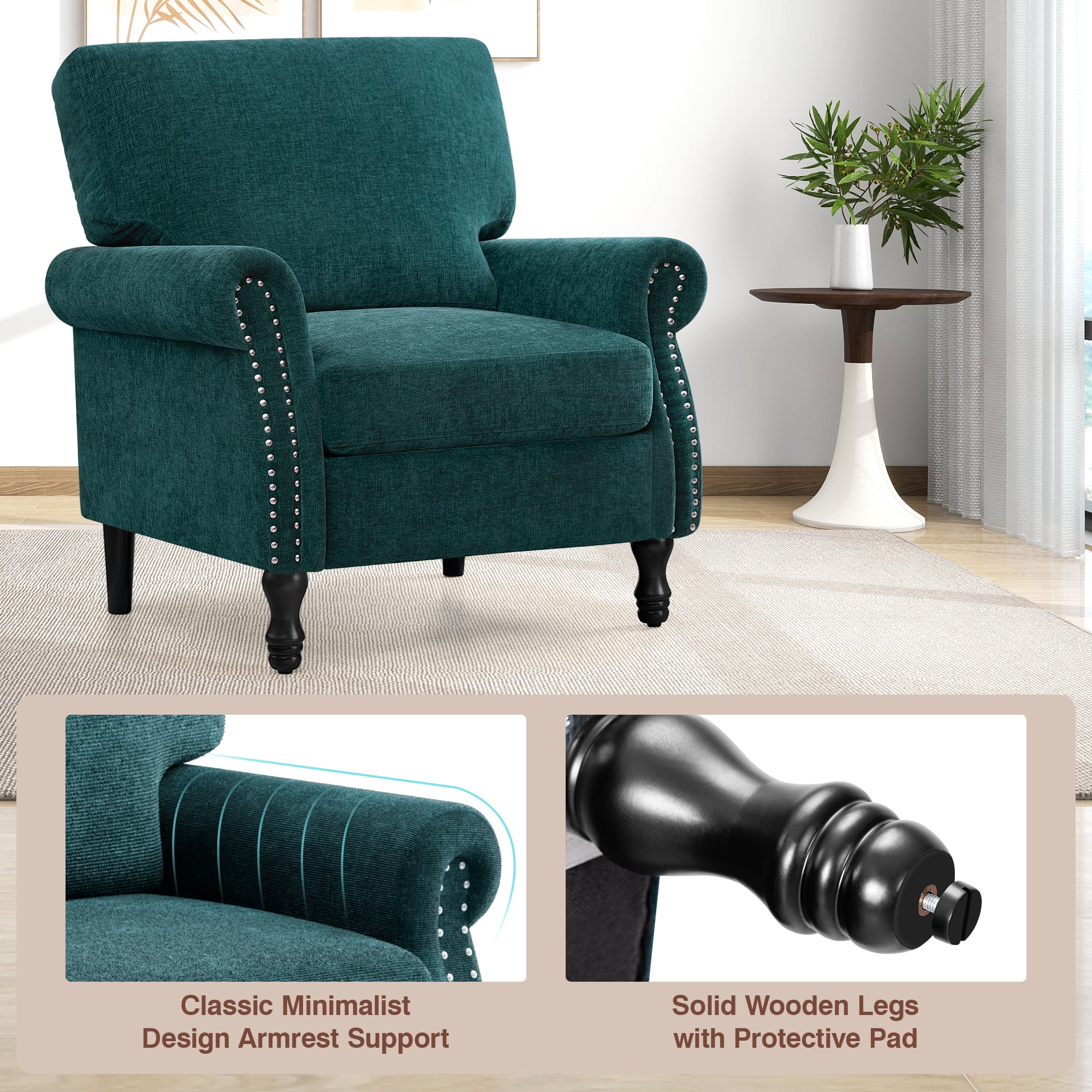 COOLHUT Modern Accent Chair Armchair, Linen Fabric Upholstered Comfy Single Sofa with Solid Wood Frame for Living Room, Green