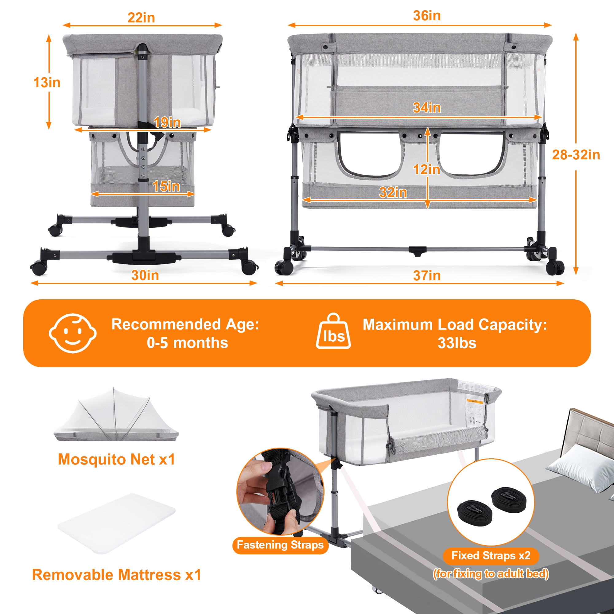 Vomeast Baby Bassinet Bedside Sleeper with Wheels, Adjustable Height, Storage Basket, Mosquito Net for Newborns Infants, Light Gray