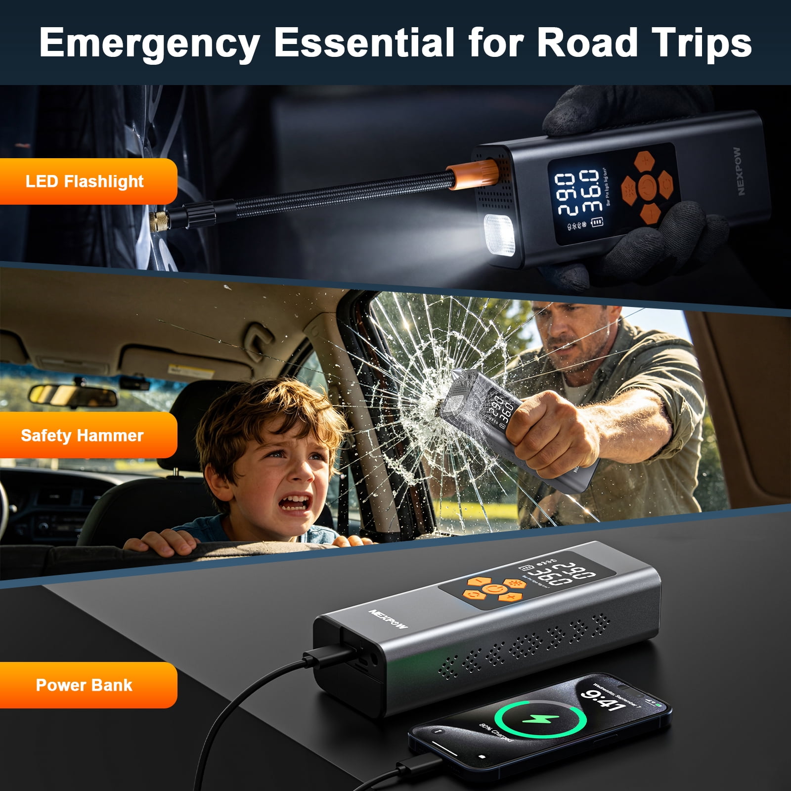 NEXPOW 150PSI Cordless Tire Inflator, 7500mAh Air Compressor with Dual-Screen Display & Auto Shut-Off, Portable Air Pump for Car/Motorcycle/Bike, USB Power Bank + LED Light, Gray