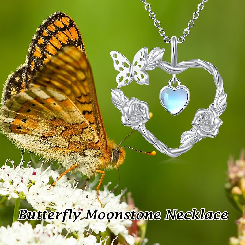 SISGEM Natural Moonstone Butterfly Pendant Necklace for Women 925 Sterling Silver Moonstone Gemstone Jewelry for Her