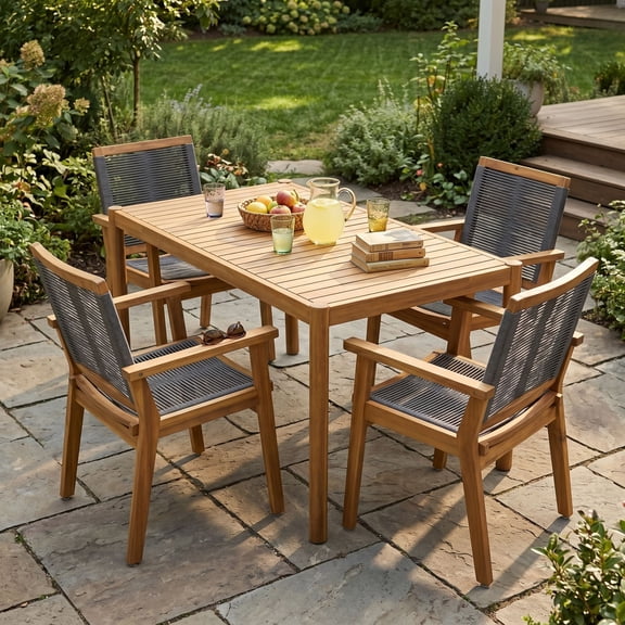 Christopher Knight Home 5-Piece Wood Outdoor Dining Set, Light Teak Table with 4 Dark Gray Rope Chairs