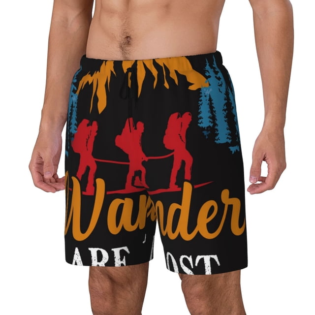 Kdxio Not All Who Wander Are Lost Hiking Print Mens Swim Shorts with Mesh Lining, Breathable and Quick-Drying, Adjustable Waist, Privacy Pocket-Large