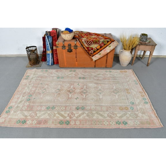 Area Rug, Turkish Rug, Vintage Rug, Muted Anatolian Rugs, Rugs For Living Room, 4x6.3 ft Beige Rug, Antique Rug, Turkish Area Rug, 13241