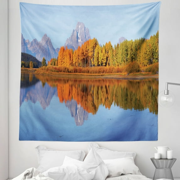 Autumn Scenery Tapestry, National Park Landscape United States of America Reflection on the River, Fabric Wall Hanging Decor for Bedroom Living Room Dorm, 5 Sizes, Multicolor, by Ambesonne