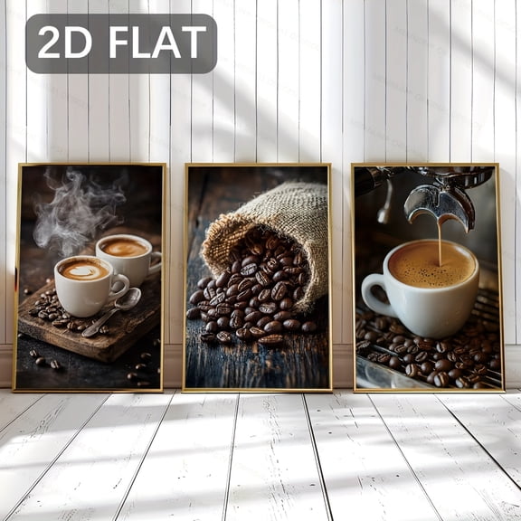 2D Flat, 2d flat 3pcs/set Simple and stylish modern coffee photo wall art canvas print, artistic modern aesthetic decoration, suitable for living room, bedroom, bathroom, office, corridor, kitchen w