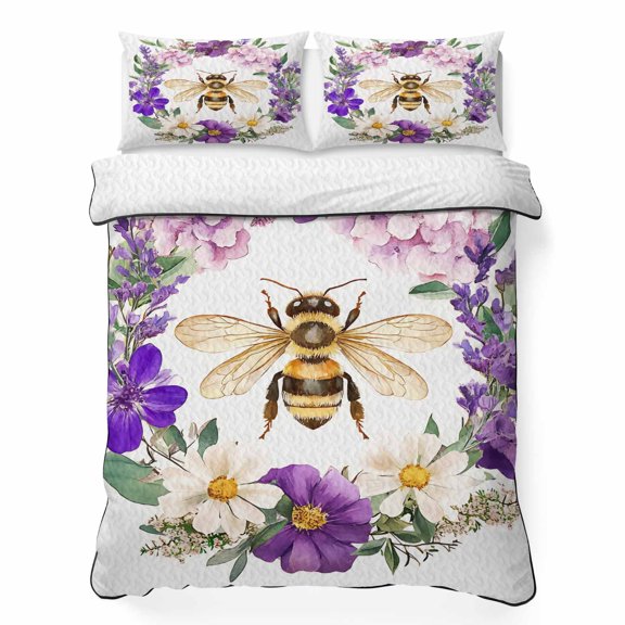 Bee Floral 3 Piece Quilt Bedding Set with 2 Pillow Shams, Purple Flower Lightweight Bedspread Coverlet, Soft Breathable All Season Quilt, 79 x 90 Inch