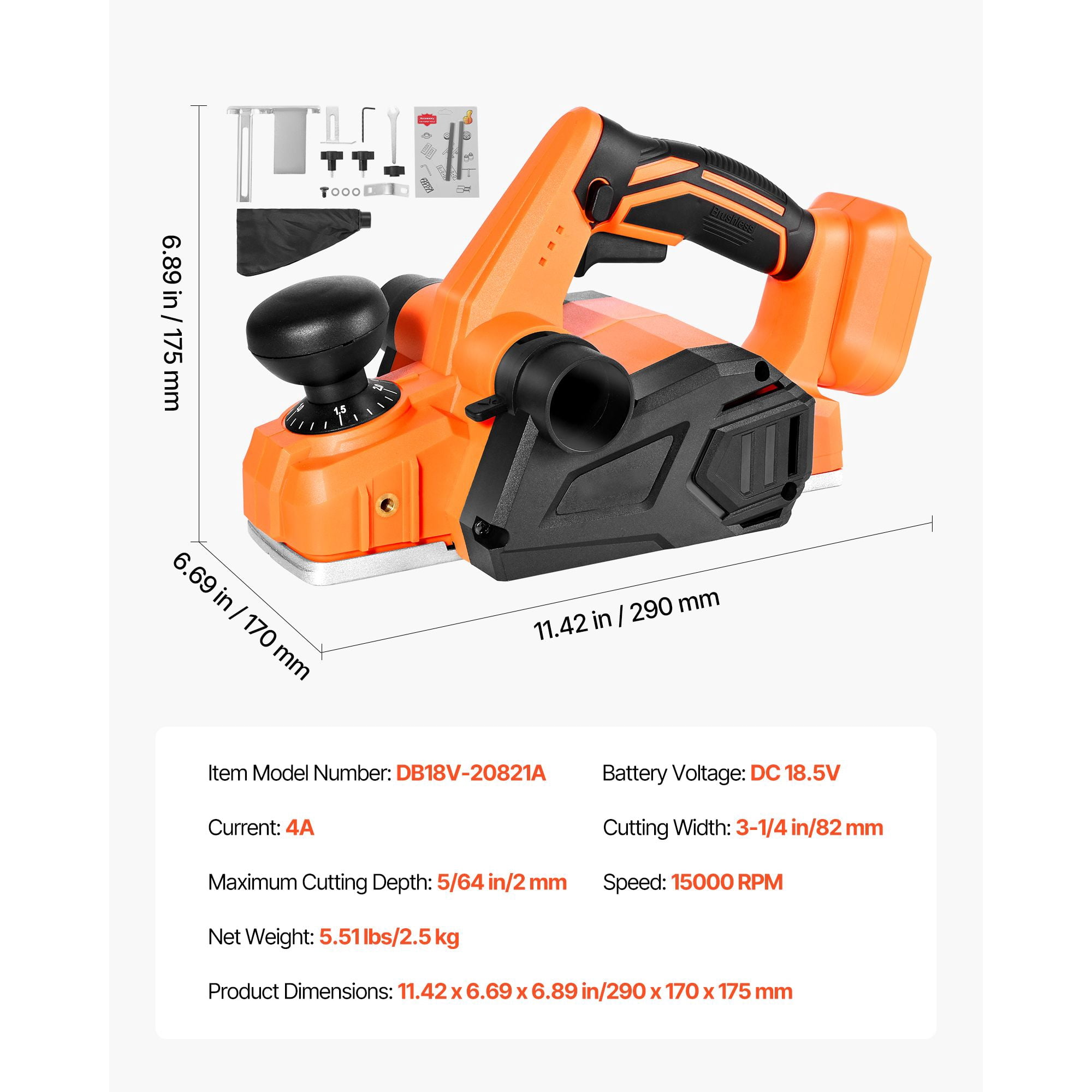 Cordless Hand Planer with 18V Brushless Motor, 3-1/4" Planing Width, 5/64" Depth, Adjustable Depth Knob, Chamfering Groove for Woodworking