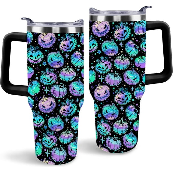 Halloween Tumbler, Spooky Neon Pumpkin Mug Cup Ghost Tumblers with Handle and Straw 40 oz, Halloween Gifts for Friends Family Insulated Water Bottle