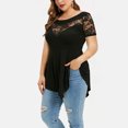 thumbnail image 6 of Pincandy Plus Size Women Solid Floral Lace Round Neck Asymmetric Three Quarter Tops Blouse Graphic Tees Shirts Short Sleeve Casual Basic Tops,Black,M, 6 of 9