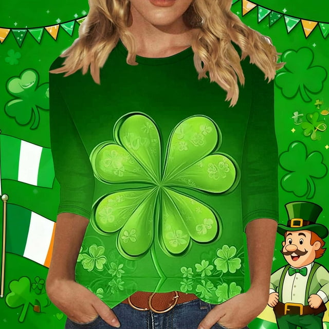 Xuyuer Womens 3/4 Sleeve St. Patrick's Day T-Shirts Crew Neck Spring Graphic Tee Tops Cute Tunic Tops Basic Tees Blouses Business Work Tee Top Merry and Bright Graphic Tee Tops