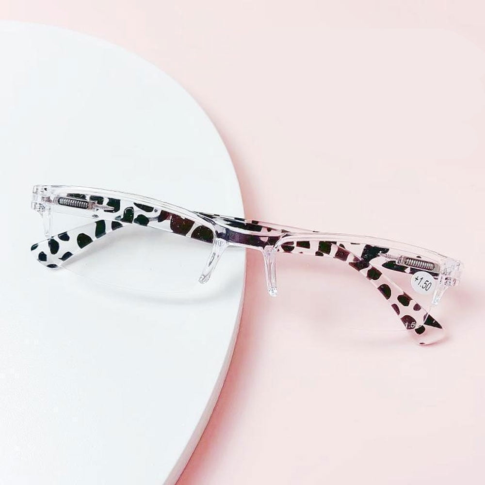 5 Pairs of Rectangular Reading Glasses 2.00 Half Rimless Clear Frame Zebra Print Spring Hinge Readers +2.00 strength
