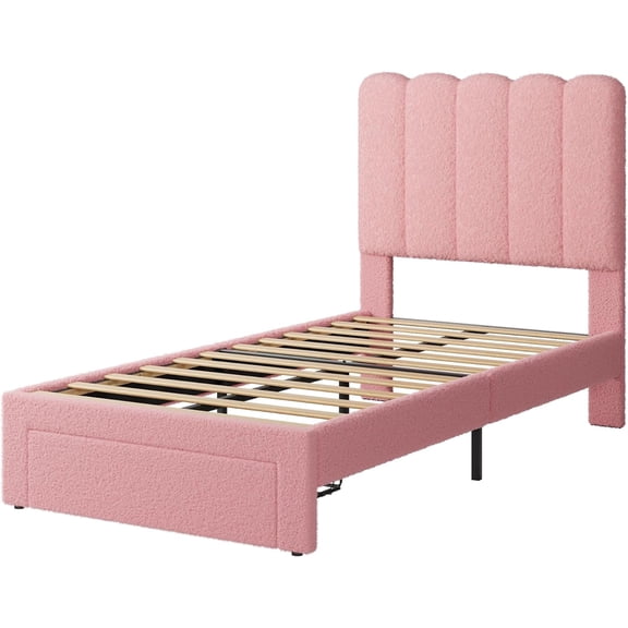 Historyli Twin Bed Frame with Storage Drawer and Headboard,Boucle Upholstered Twin Platform Bed Frame for Girls,Strong Wooden Slats Support,Noise-Free,Easy Assembly,Pink Lamb