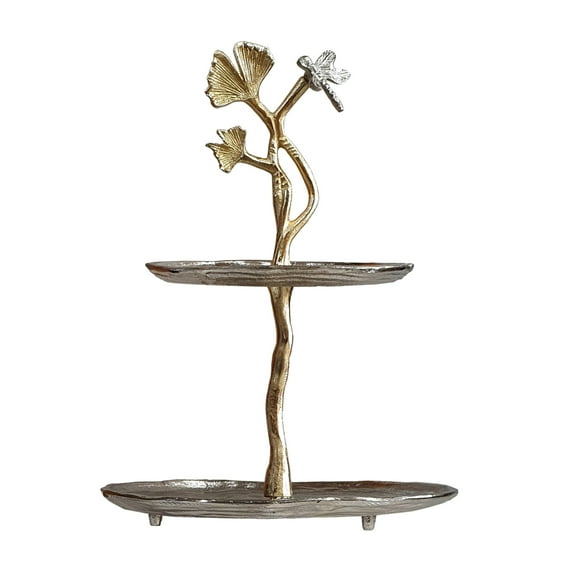 16 Inch Elegant Accent Table, 2 Tier Aluminum Cherry Blossom, Gold, Silver, Saltoro Sherpi