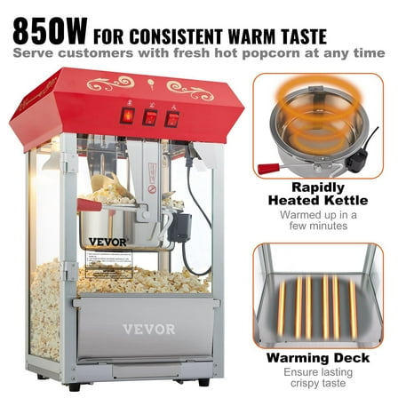 Red 8 Oz Popcorn Popper Machine, 850W Countertop Popcorn Maker, 48 Cups, Quick & Delicious Popcorn
