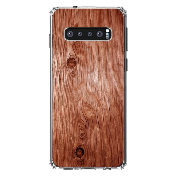 DistinctInk Clear Shockproof Hybrid Case for Samsung Galaxy S10  PLUS(6.4" Screen) - TPU Bumper, Acrylic Back, Tempered Glass Screen Protector - Orange Weathered Wood Grain Print - Printed Wood