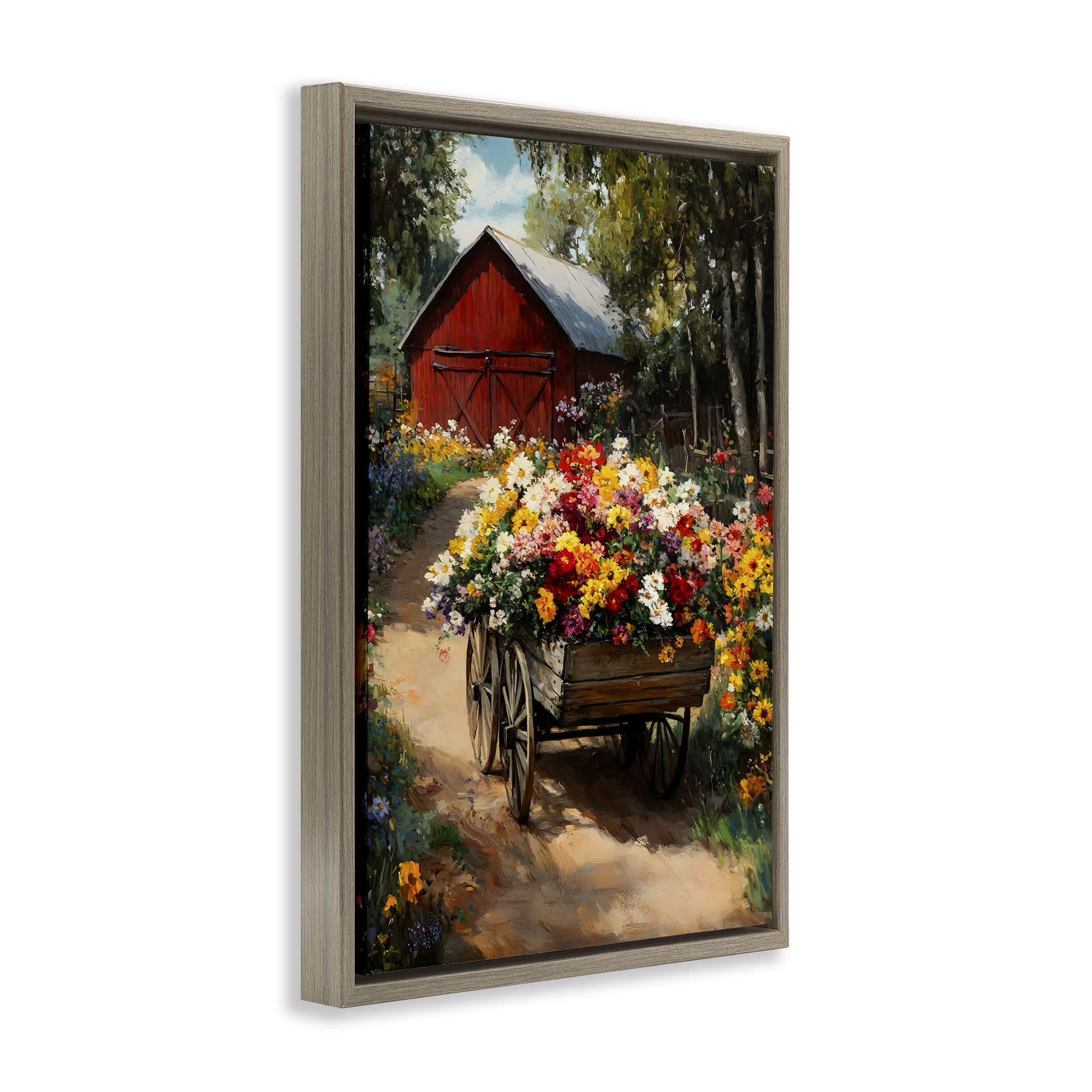 Stupell Industries Floral Wagon in Summer Garden Brown Framed Floater Canvas Wall Art, design by Franklyn Gregory