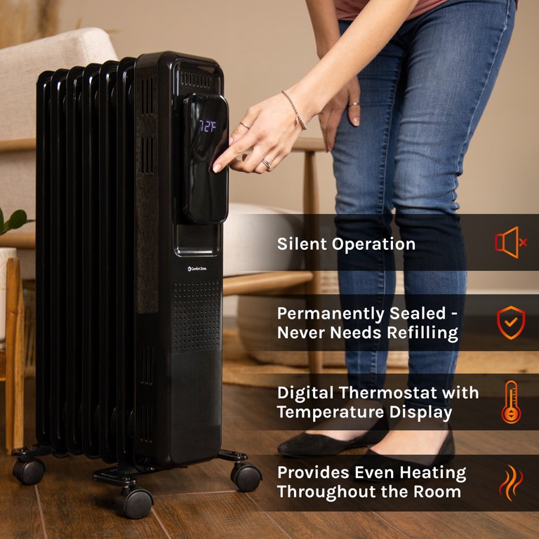 Comfort Zone 1500Watt, Oil-Filled, Digital, Electric Radiator Heater W/  Silent Operation, Black - Walmart.com