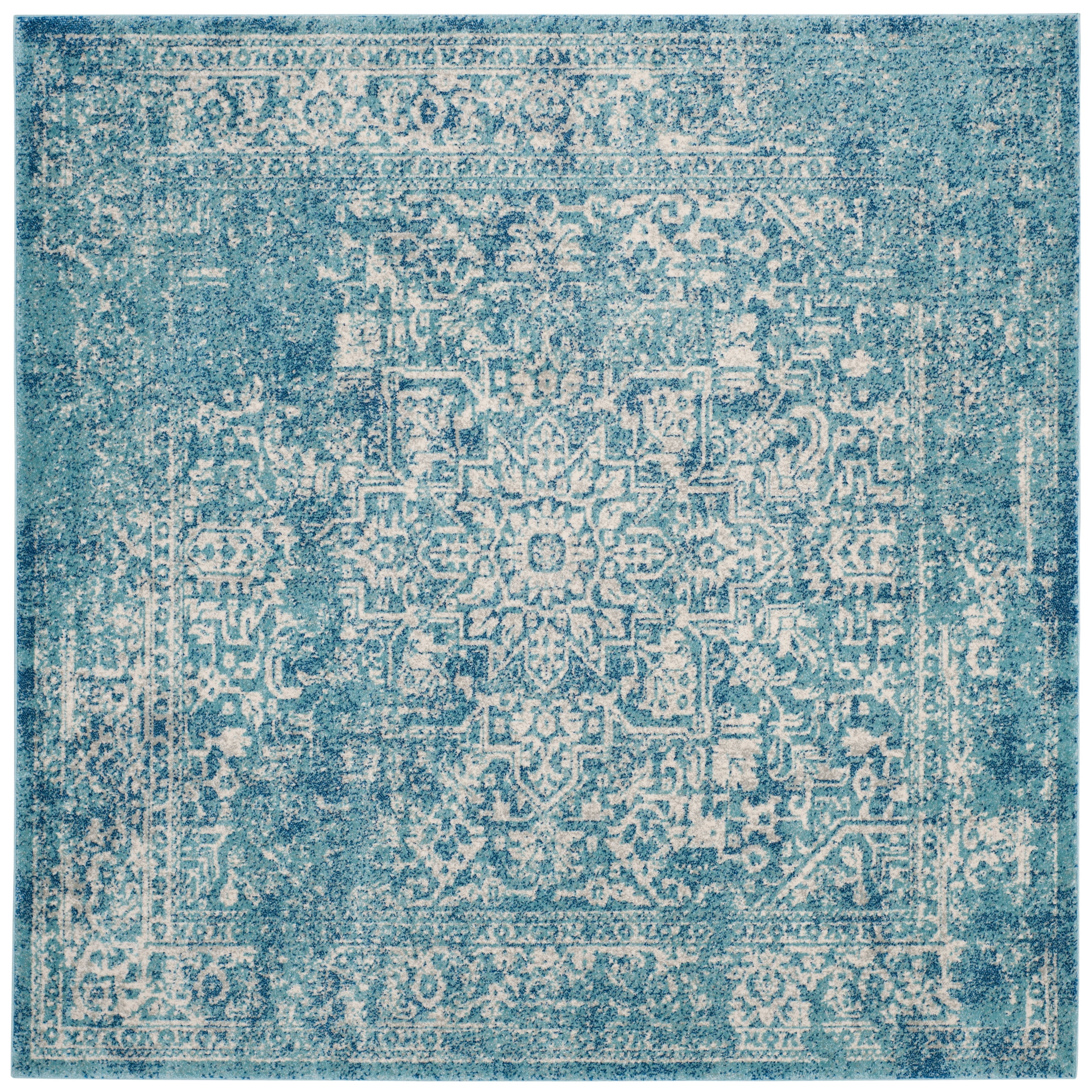 SAFAVIEH Square Rug 6'7" - Evoke Collection - Traditional Design, Blue & Ivory, Non-Shedding & Easy Cleaning, Ideal for Living Room, Bedroom, Dining Space