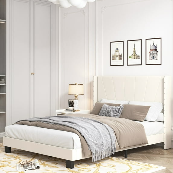 SYNGAR Full Size Platform Bed Frame with Fabric Upholstered Headboard, Wing Back Design, Modern Rivets Decor Style, Beige