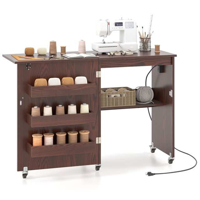 Patiojoy Table de Machine à Coudre avec Station de Recharge Armoire à Coudre Pliable avec Roulettes Verrouillables Brun