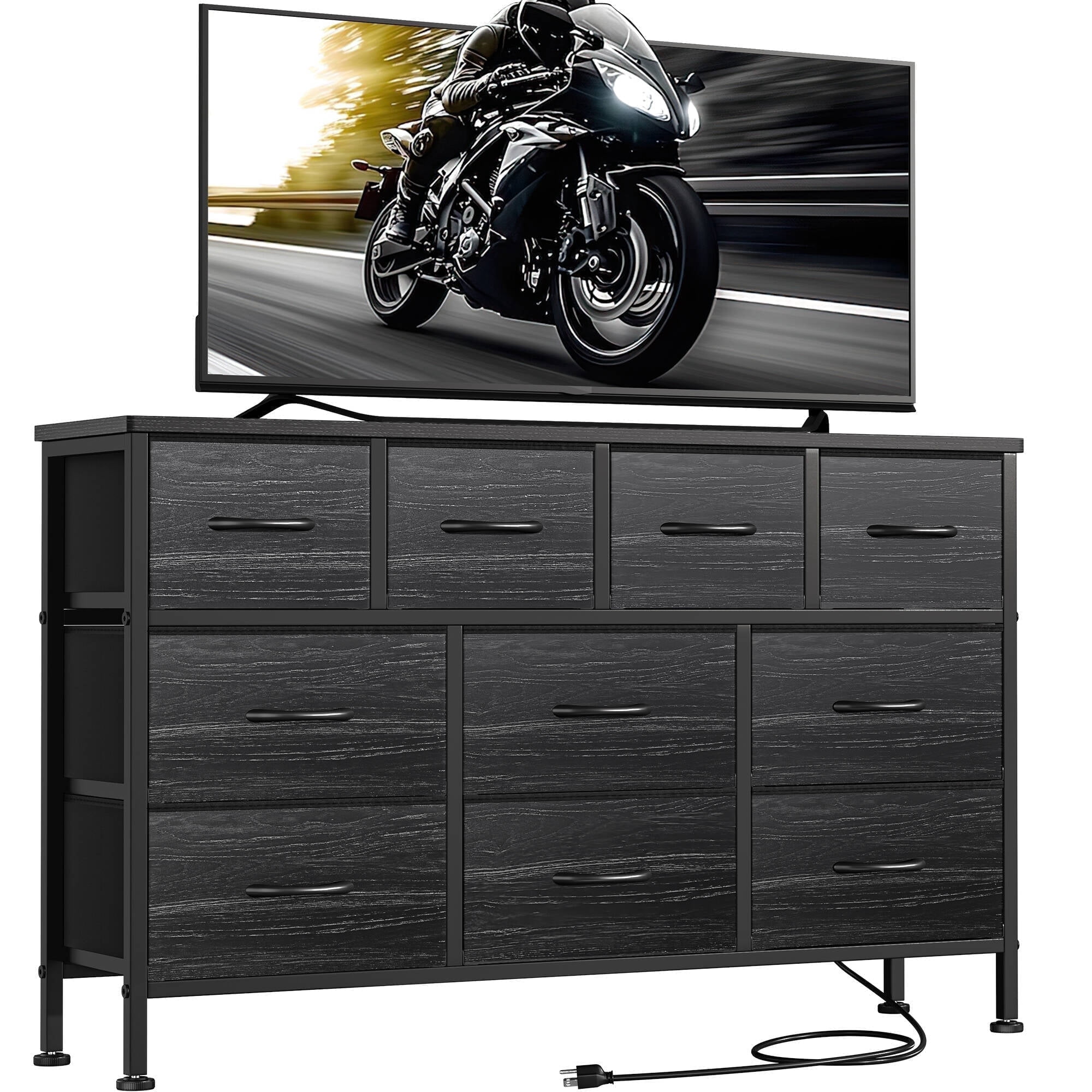 Laintene Black Dresser TV Stand, 10 Drawer Dresser with Power Outlet, Fabric Chest of Drawers for Bedroom, Wooden Top for Storage, 50" TV Stands for Living Room, Closet, Hallway, Entryway