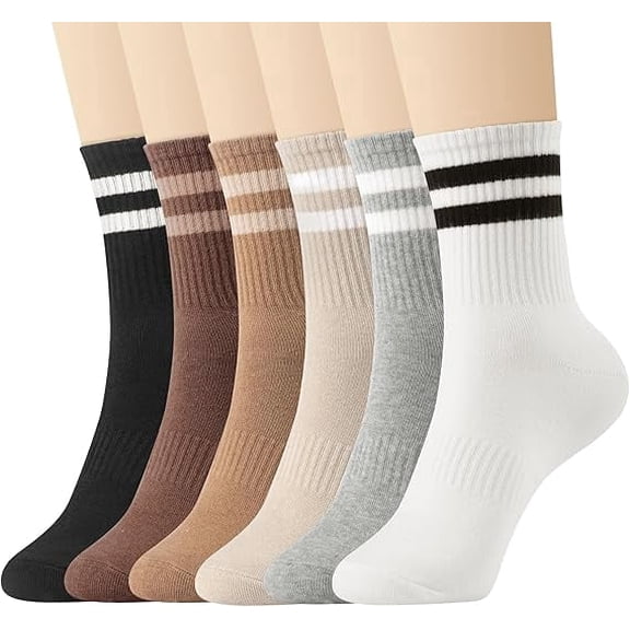 6 Pairs Crew Socks for Women Striped Cotton Causal Arch Support Soft Breathable Socks 5-10