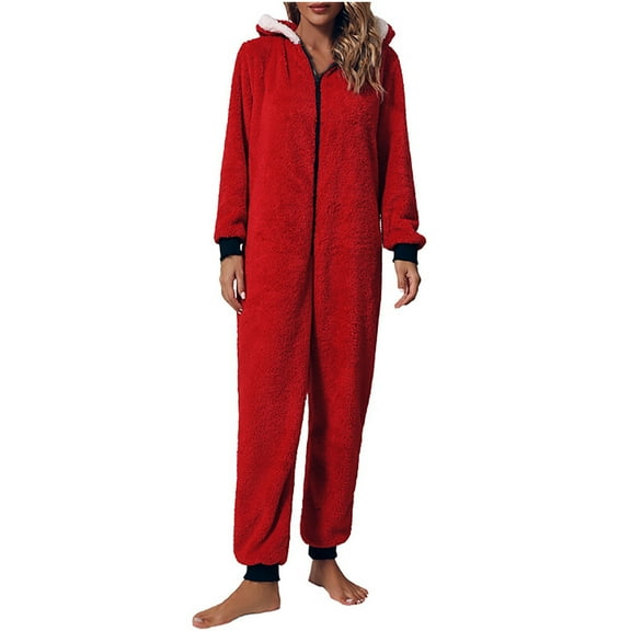 Christmas Homewear Nightwear Bodysuits for Women Fuzzy Full Zip Long Sleeve Hooded Sleepwear Rompers Jumpsuits