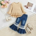 thumbnail image 2 of Atogsazn Baby Girl Clothes Set Kids Ribbed Long Sleeve Tops and Flare Leg Jeans Outfit with Headband Fashion Beige 3-4 Years, 2 of 9