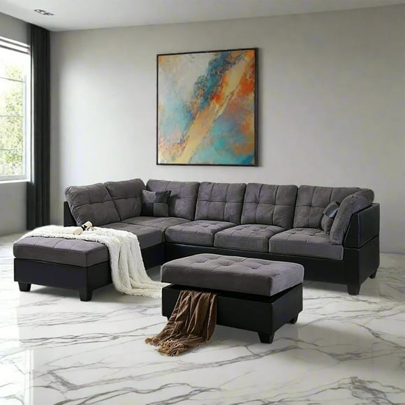 Cosmic Homes Eva Sectional Sofa Set with LHF Chaise & Storage Ottoman – Grey Fabric Couch for Living Room