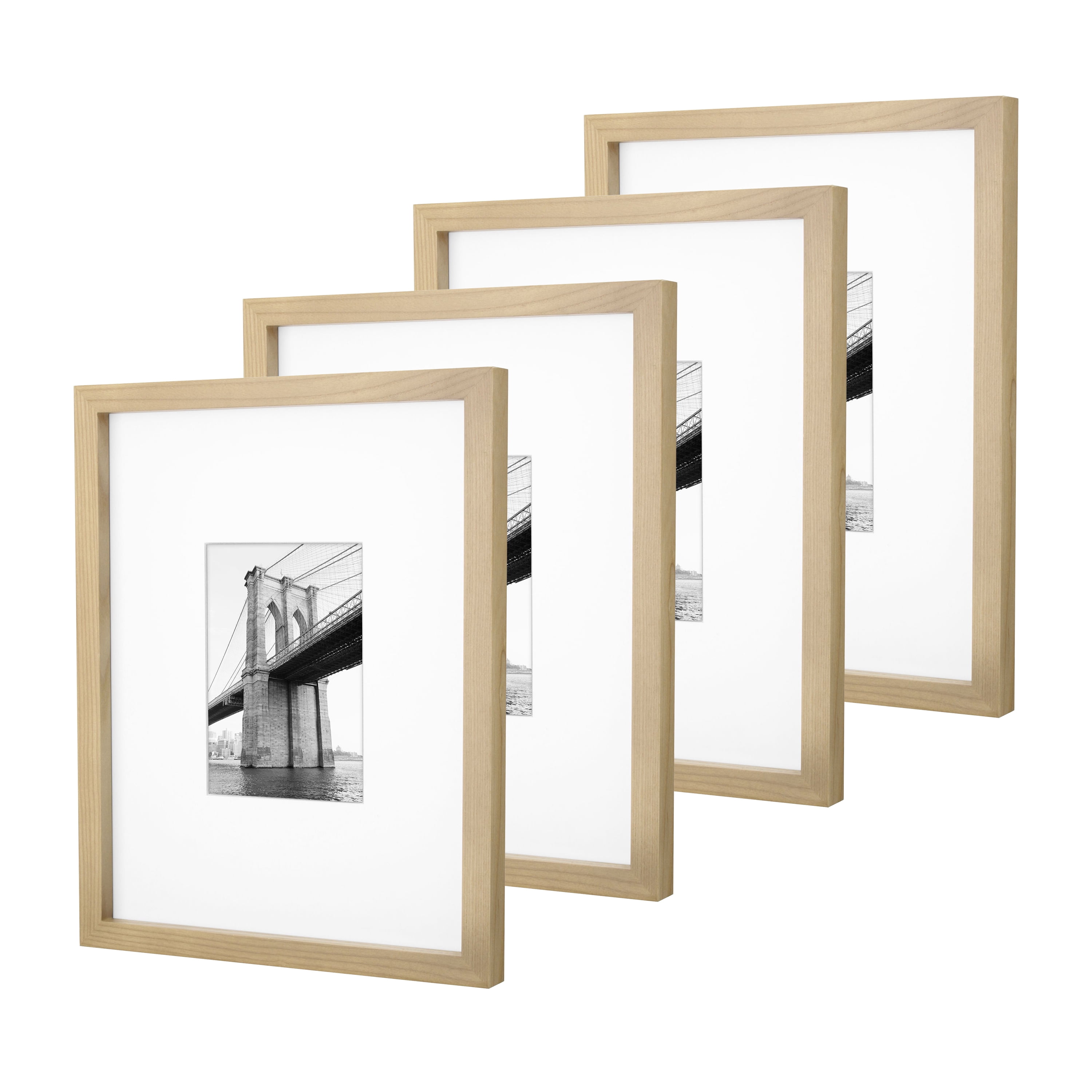 Better Homes & Gardens 11x14 Matted to 5x7 Wood Wall Picture Frame Set, Natural Wood, Set of 4