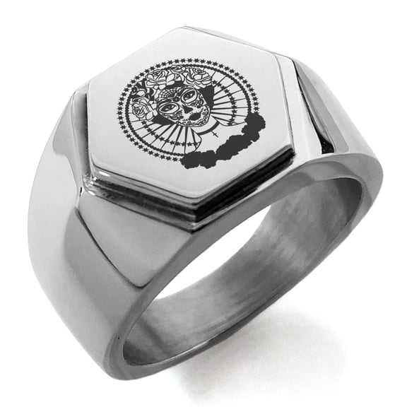 Stainless Steel Day of the Dead Rose Calavera Engraved Hexagon Crest Flat Top Biker Style Polished Ring